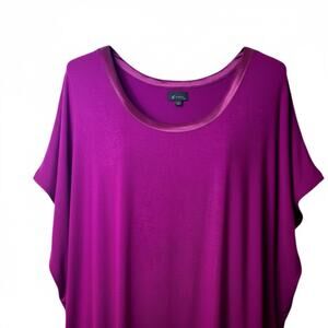 Simply Emma Drapey Scoop Neck Blouse with Satin Trim Magenta Split Hem Size 2X